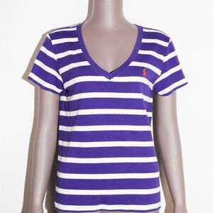 Ralph Lauren Sport Preppy Striped V Neck Short Sleeve Top Size Medium